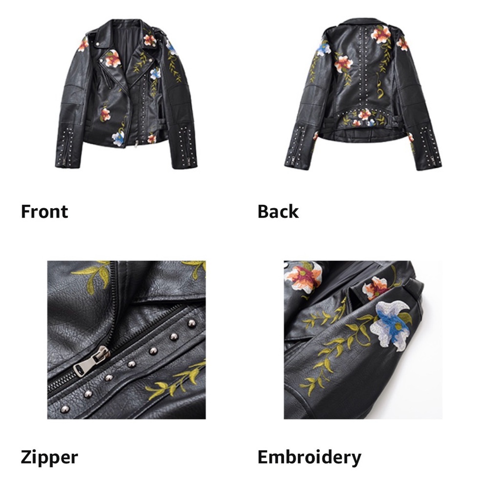 Women's Floral Embroidered Faux Leather Moto Jacket - Picture 3 of 5